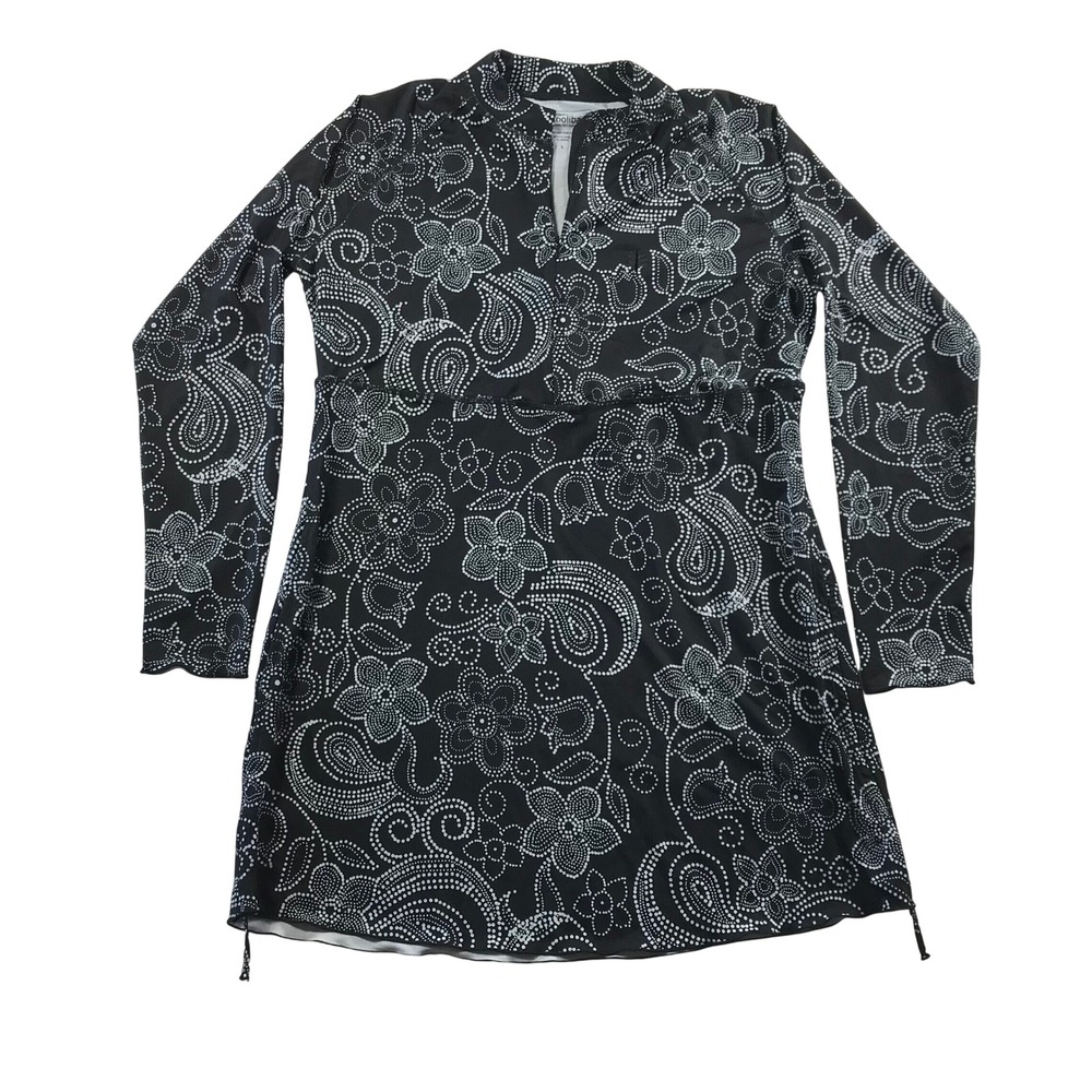 Coolibar Womens Black Paisley UPF 50+ Long Sleeve Swim Tunic Dress Large
